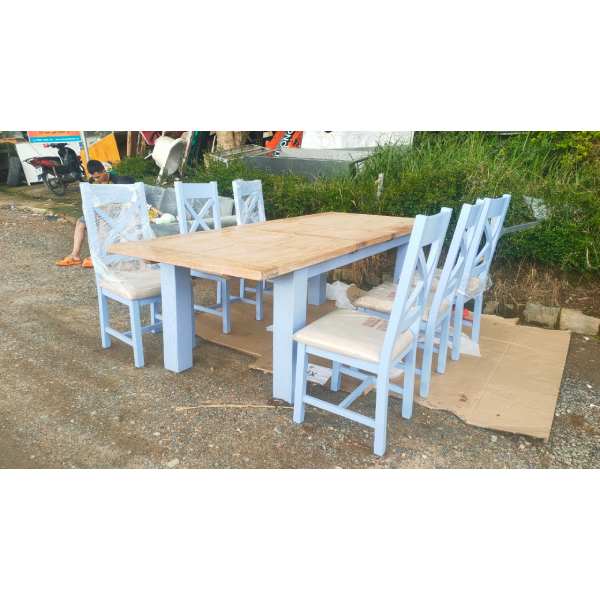 Bộ Bàn Ghế Gỗ Sồi Cao Cấp Xanh Pastel Hàng VNXK